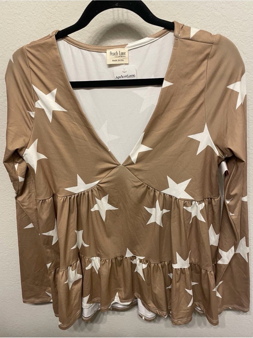 Peach Love California Tan Star Print V-Neck Tiered Long Sleeve Dress